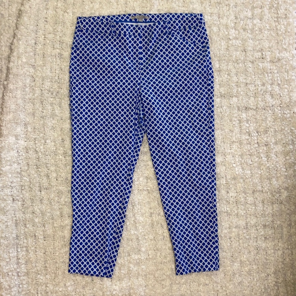 Valerie Stevens Blue & White Geometric Patterned Stretch Cropped Pants Sz 16